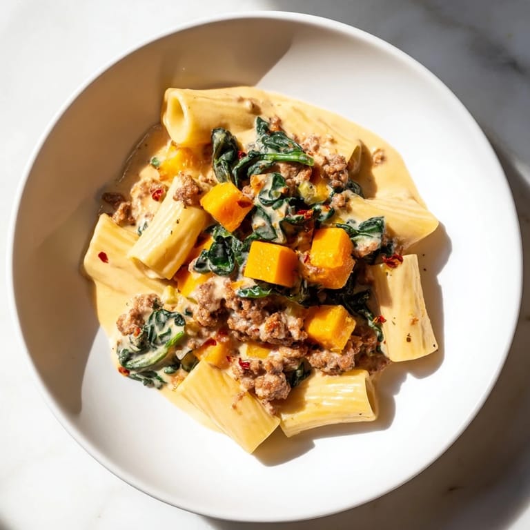 Enjoy the delicious, rich, Creamy Rigatoni: creamy pasta made with squash and sausage.