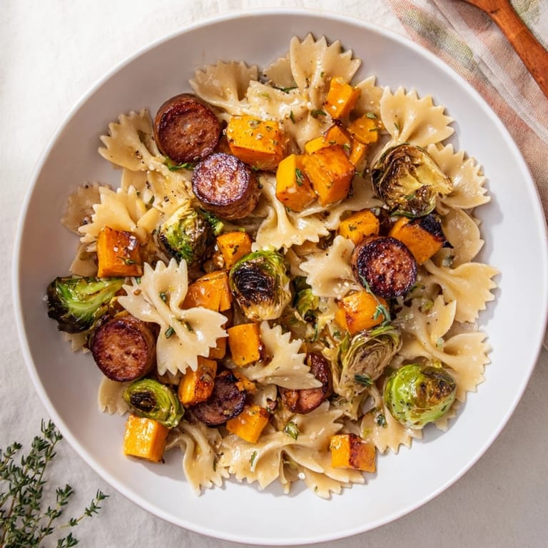 Warm and inviting, a large skillet of Autumn Sausage Pasta Squash is ready to serve.