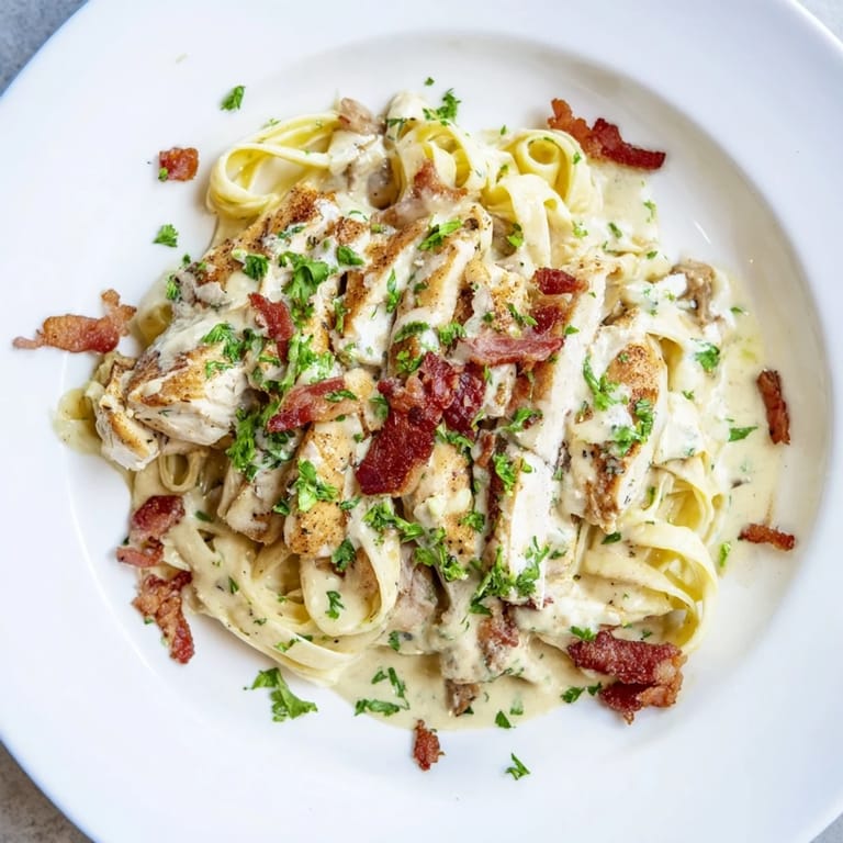 This rich Southern Style Creamy Parmesan Chicken Pasta showcases perfectly cooked chicken atop creamy pasta and sauce.
