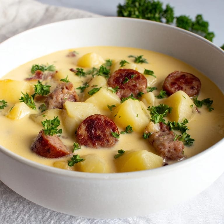 Close-up of a bubbling pot of Creamy Chorizo Potato Soup, a comforting meal for chilly evenings.