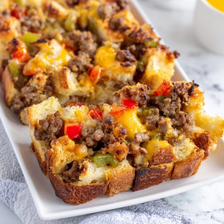 A steaming, savory serving of Lightning-Fast Breakfast Sausage Casserole, fresh from the oven, looks delicious.