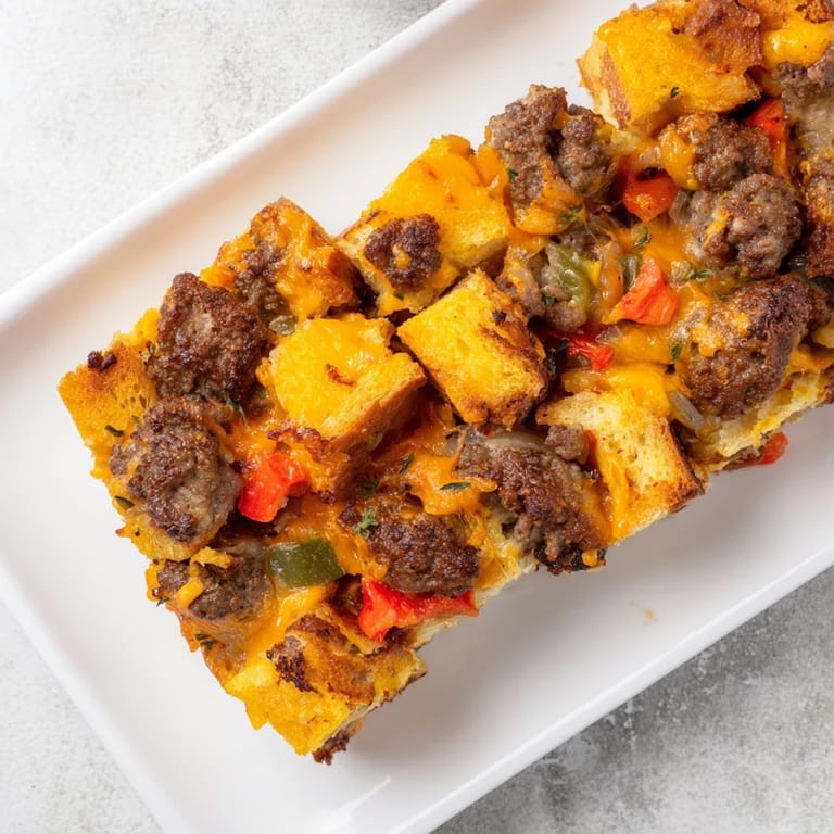 Close-up of a hearty Lightning-Fast Breakfast Sausage Casserole, overflowing with sausage and veggies.