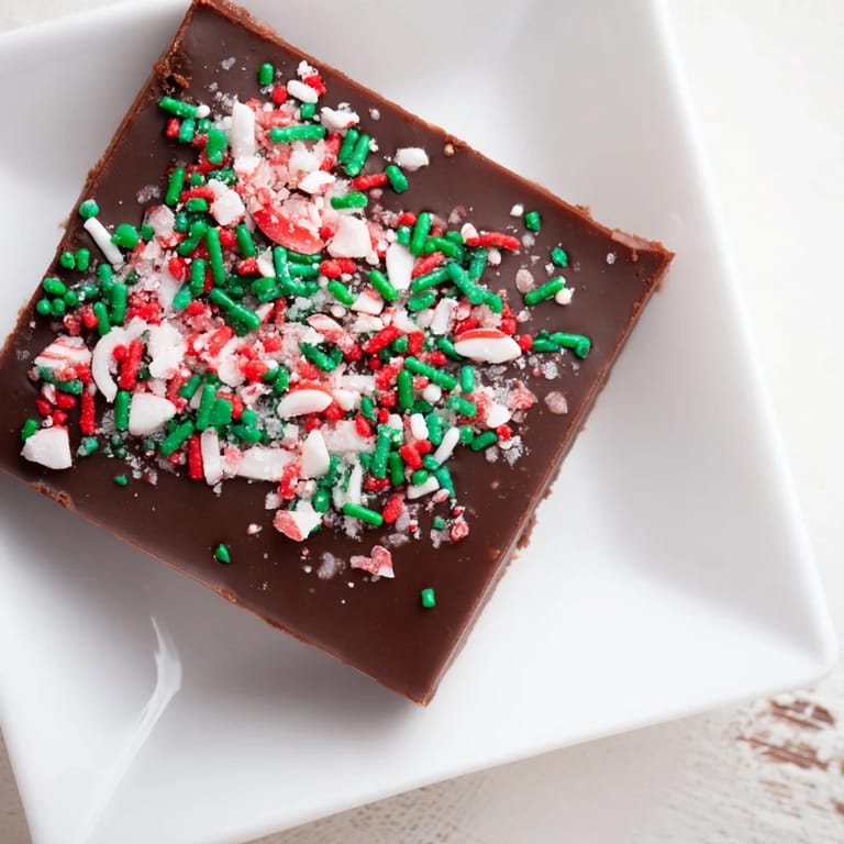 Festive, colorful sprinkles top these creamy 3-Ingredient Christmas Fudge Squares, ready for holiday enjoyment.