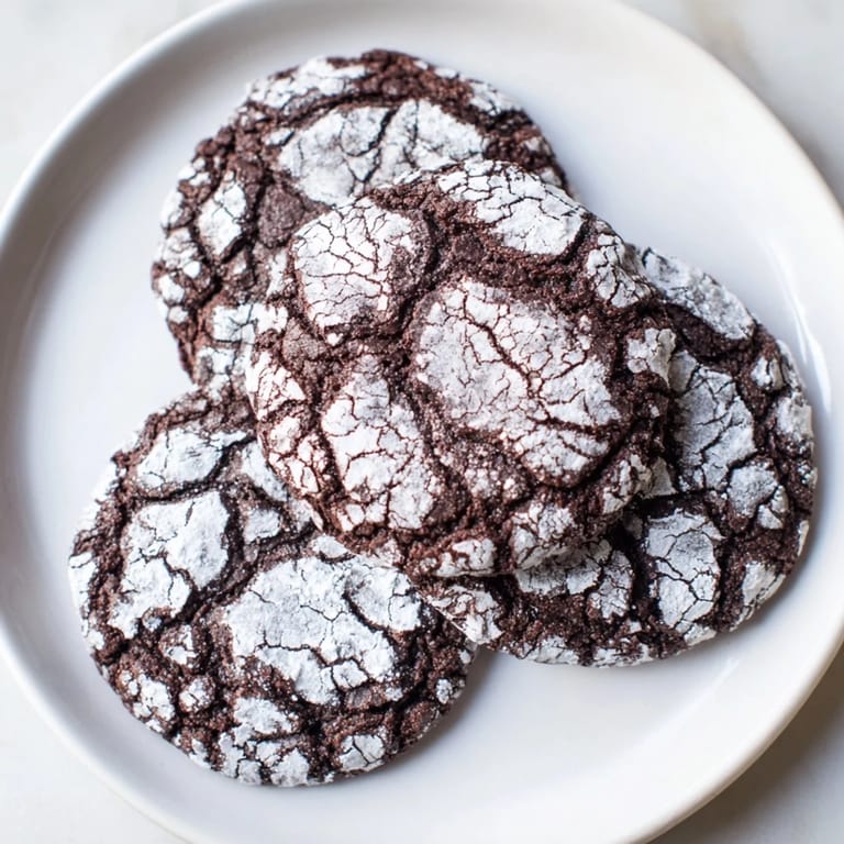 A delightful view of several Air-Fried Chocolate Crinkle Cookies, freshly baked, on a cooling rack for dessert.