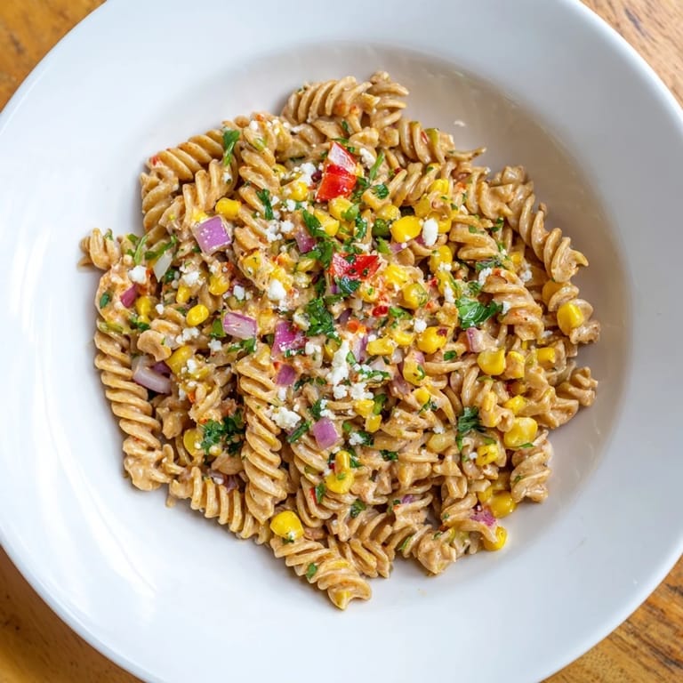 Close-up of Healthier Mexican Street Corn Pasta Salad with fresh cilantro, a delicious side dish.