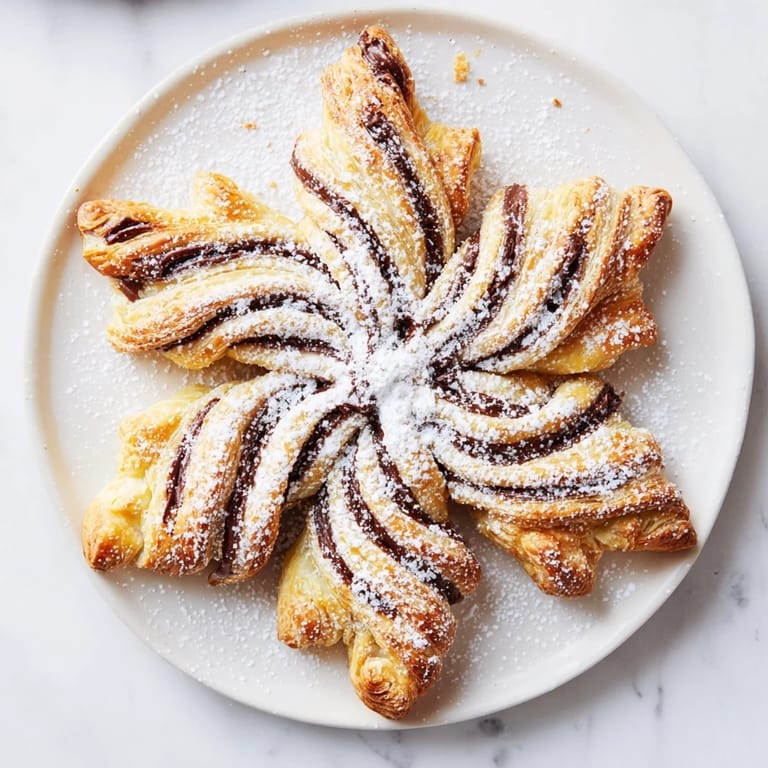 A close-up of beautifully baked Express Nutella Puff Pastry Snowflakes, perfect for a festive dessert.
