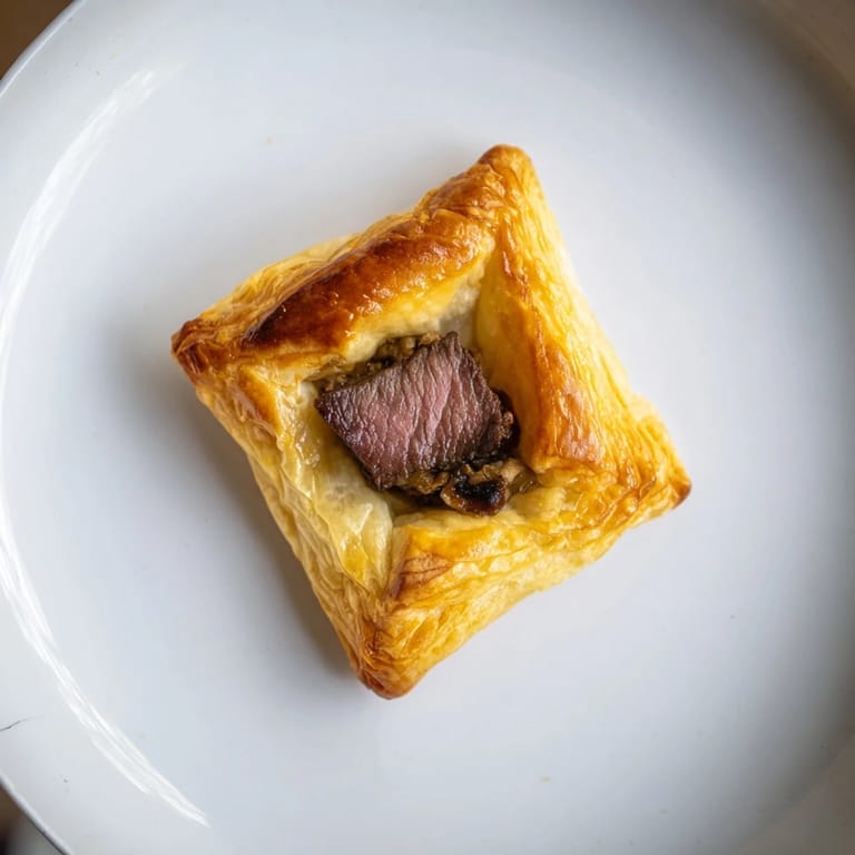 Close-up of freshly baked Christmas Beef Wellington Bites; the flaky crust holds rich beef and mushroom.