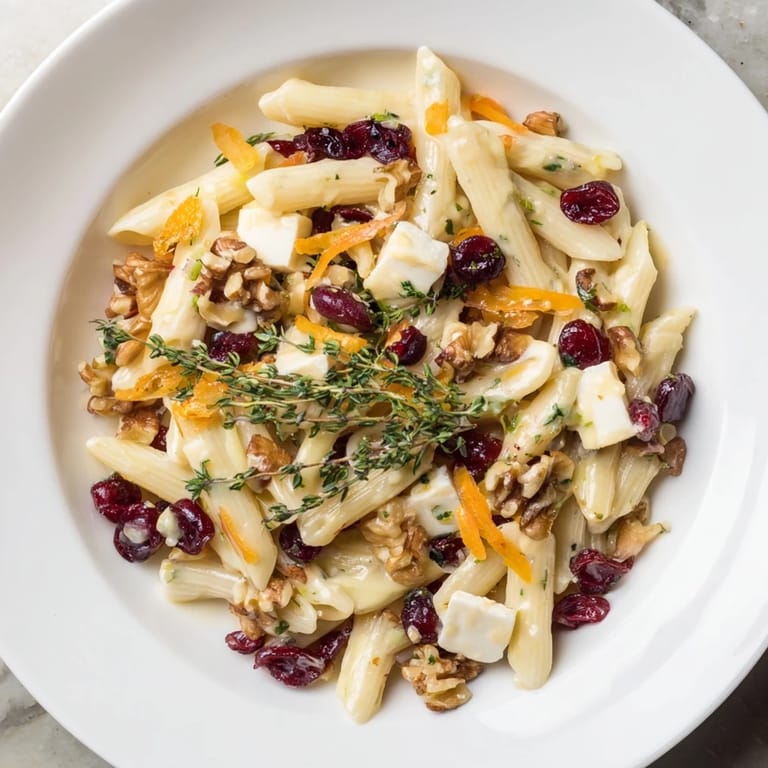 A close-up of Baked Brie & Cranberry Pasta shows bubbling cheese and vibrant red cranberries; delicious!