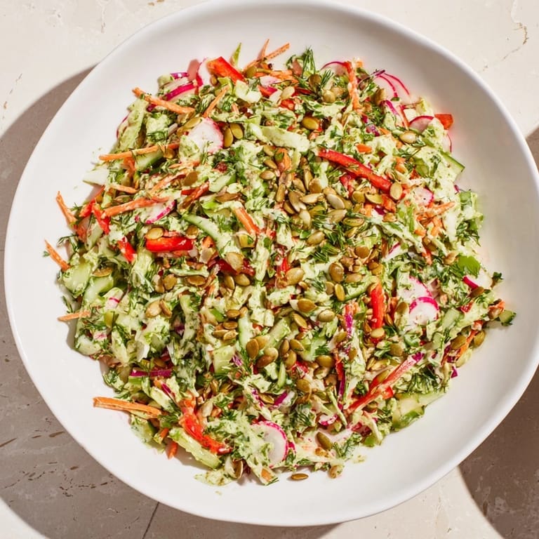 Bright and flavorful, this Green Goddess Confetti Chop Slaw combines fresh herbs and crisp, chopped veggies.