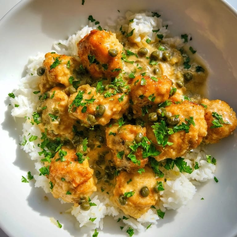 Bright, flavorful Express Chicken Piccata Rice Bowl, with tender chicken and a glistening, lemony sauce over fluffy rice.