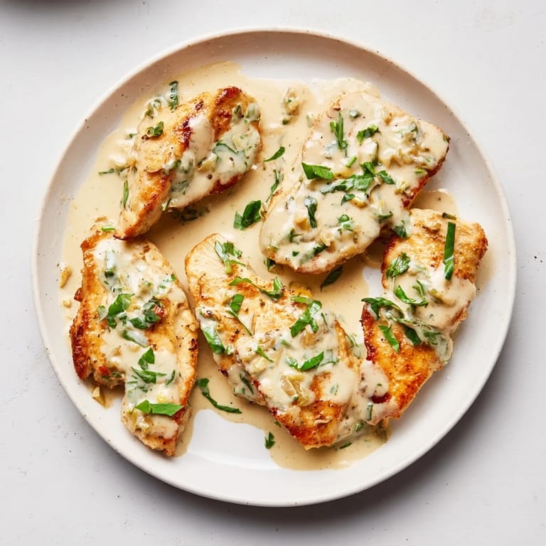 A close-up of Lighter Creamy Tarragon Chicken, creamy sauce with tender chicken and fresh tarragon.