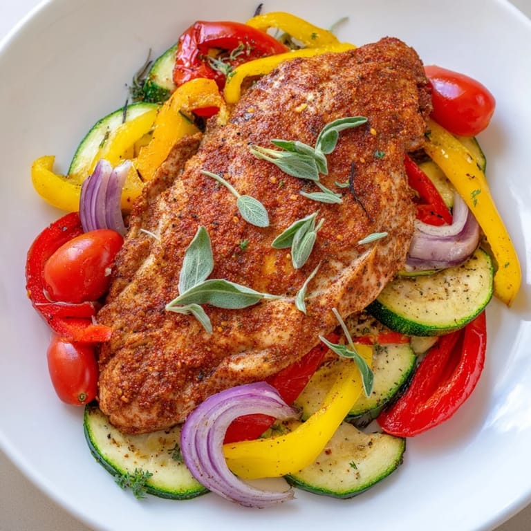 Vibrant sheet pan featuring sizzling Sheet Pan Lemon Oregano Chicken Cutlets and colorful roasted peppers and onions.