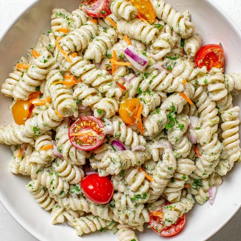 A big bowl of chilled Vegan Hemp Seed Ranch Pasta Salad, showcasing colorful vegetables and delicious flavors.