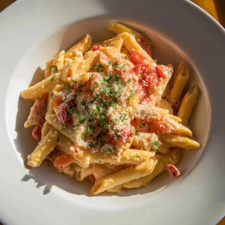 A close-up of a bowl filled with finished Sun-Dried Tomato & Cottage Cheese Pasta Sauce, garnished with basil.