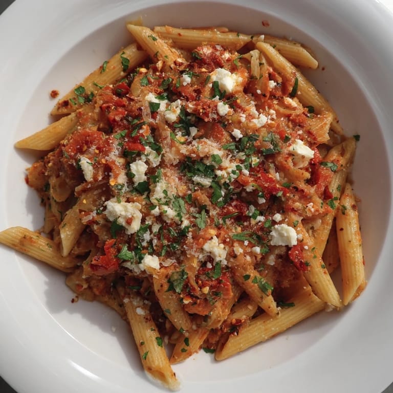 Freshly made Sun-Dried Tomato & Cottage Cheese Pasta Sauce ready to serve with a sprinkle of Parmesan on top.