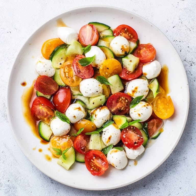Vibrant Simple Holiday Chopped Caprese Salad with glistening balsamic glaze, a perfect side for your holiday meal.