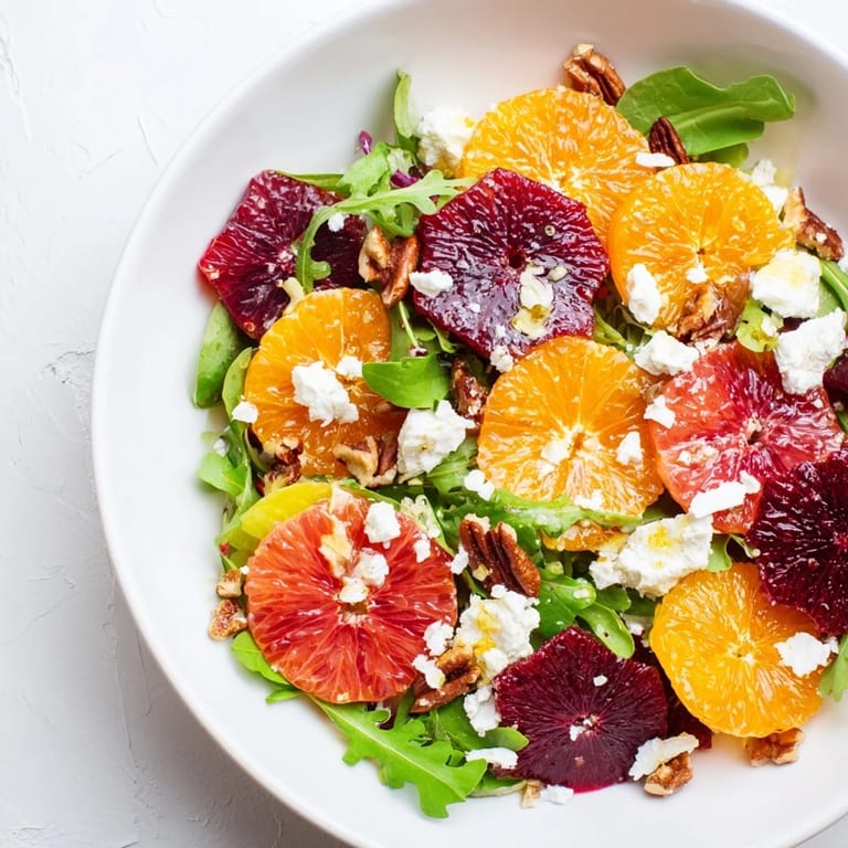 Delicious and healthy Winter Citrus & Candied Pecan Salad, ready to serve with honey-citrus vinaigrette, visually appealing.