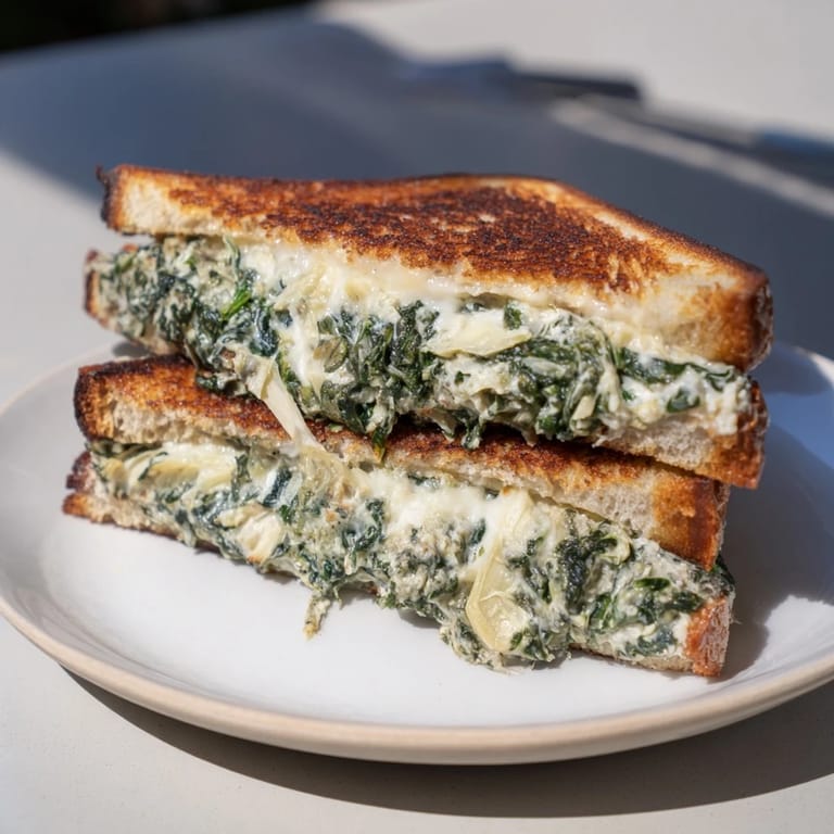 Mouthwatering Air Fryer Spinach & Artichoke Dip Grilled Cheese, with bubbling cheese and crispy bread, ideal for a quick lunch.