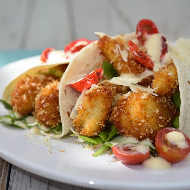 A close-up of a Santa Hat Chicken Caesar Wrap, showing the textures of breaded chicken and fresh fillings.