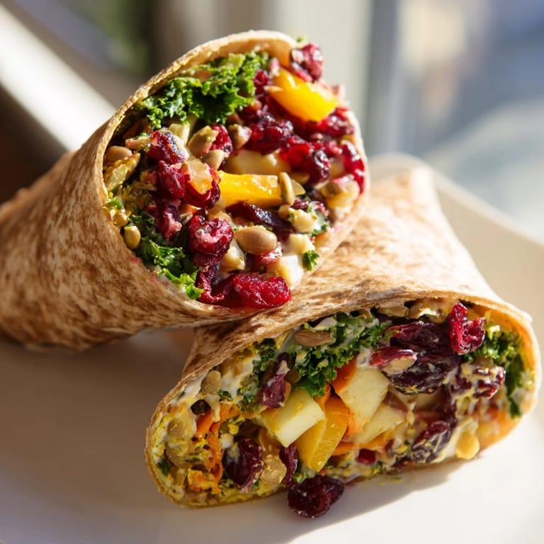 Sliced turkey and crunchy cranberry-apple slaw overflowing from a whole wheat Cranberry Apple Slaw Turkey Wrap.