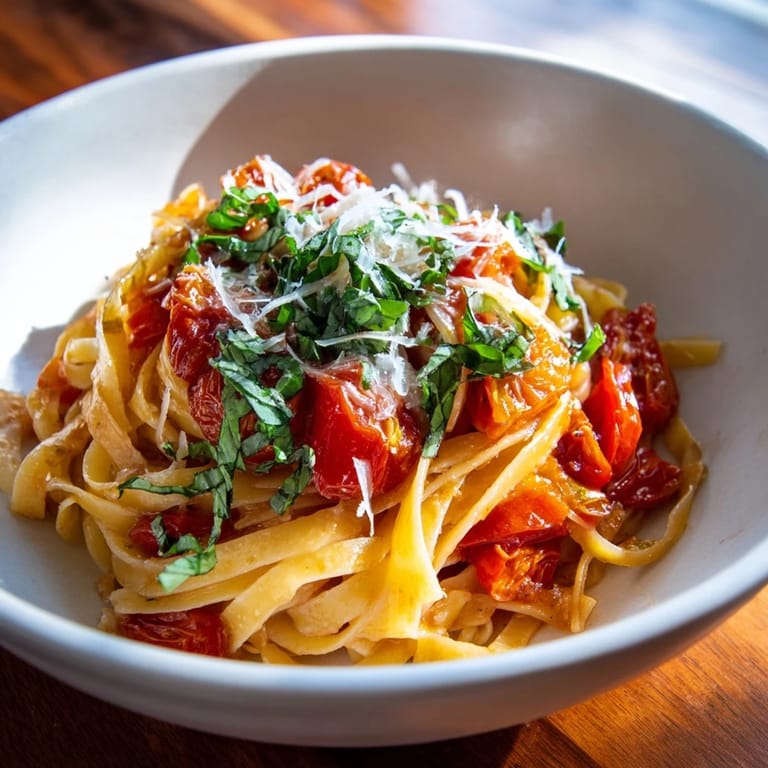 Garnished Cozy Fireplace One-Pan Tomato Basil Pasta, a comforting vegetarian meal with grated Parmesan and fresh basil.