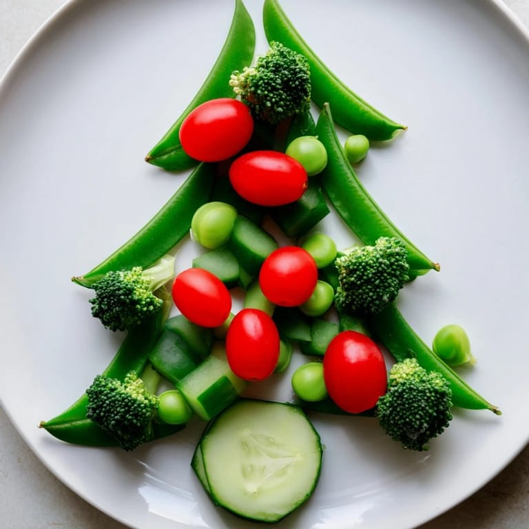 Holiday-ready Holly Leaf Veggie Board: a vibrant, colorful platter of crisp, raw vegetables with a herbed dip.