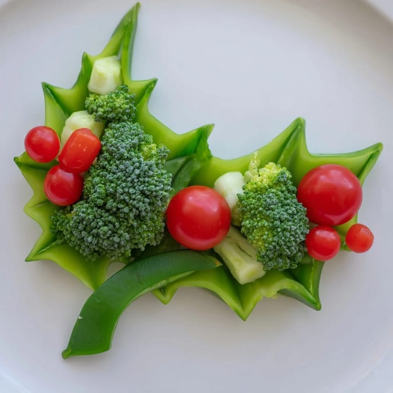 Vivid image of a Holly Leaf Veggie Board with red berries and a refreshing Greek yogurt and dill dip.