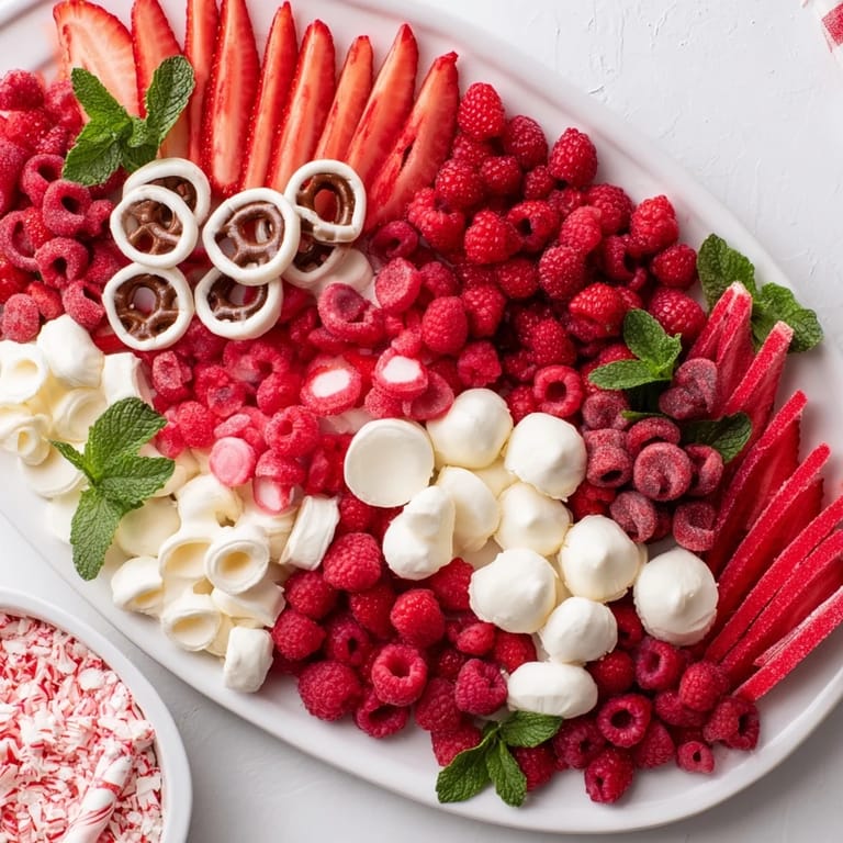 Visually stunning candy cane striped platter design; a delicious arrangement of red and white sweets.