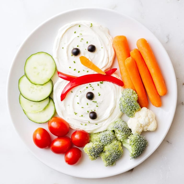 A cheerful snowman veggie dip: a creamy appetizer with fresh carrot nose and vibrant veggie arrangement.