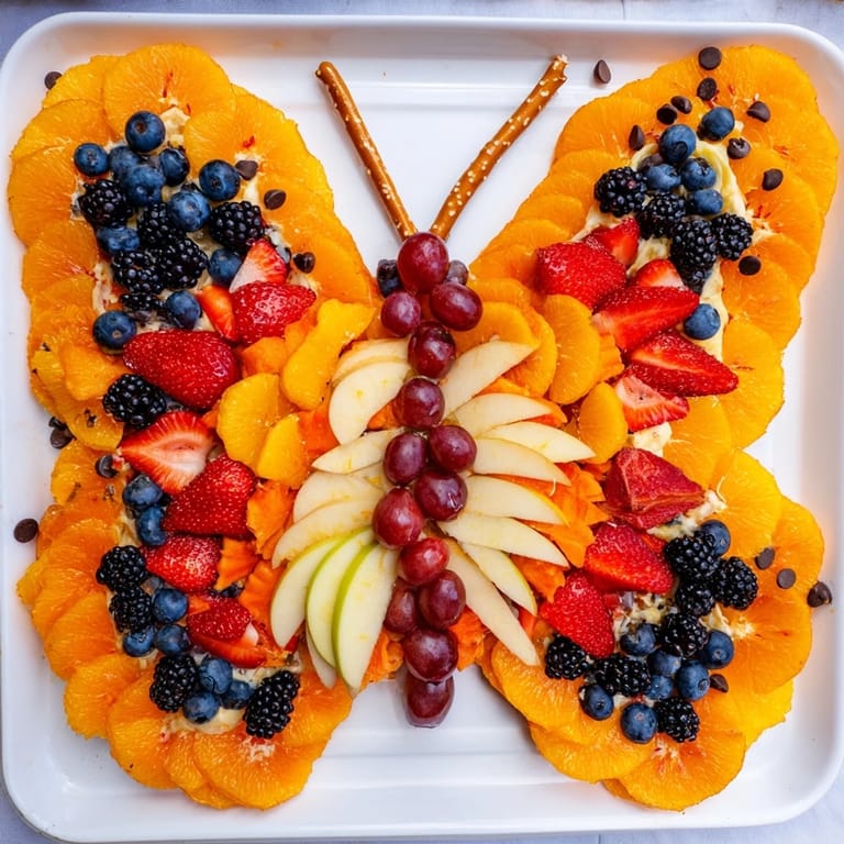 A gorgeous Monarch Magic Fruit Butterfly Tray, showcasing fresh oranges, berries, and kiwi; a delightful treat.