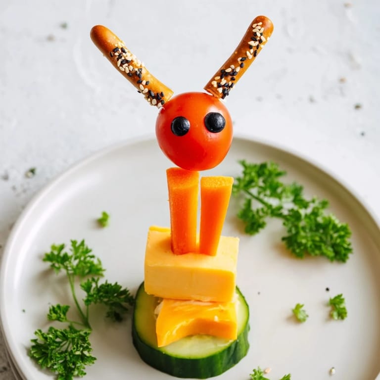 A close-up of a whimsical Long-Necked Giraffe Snack Tower, perfect party food with fresh ingredients.
