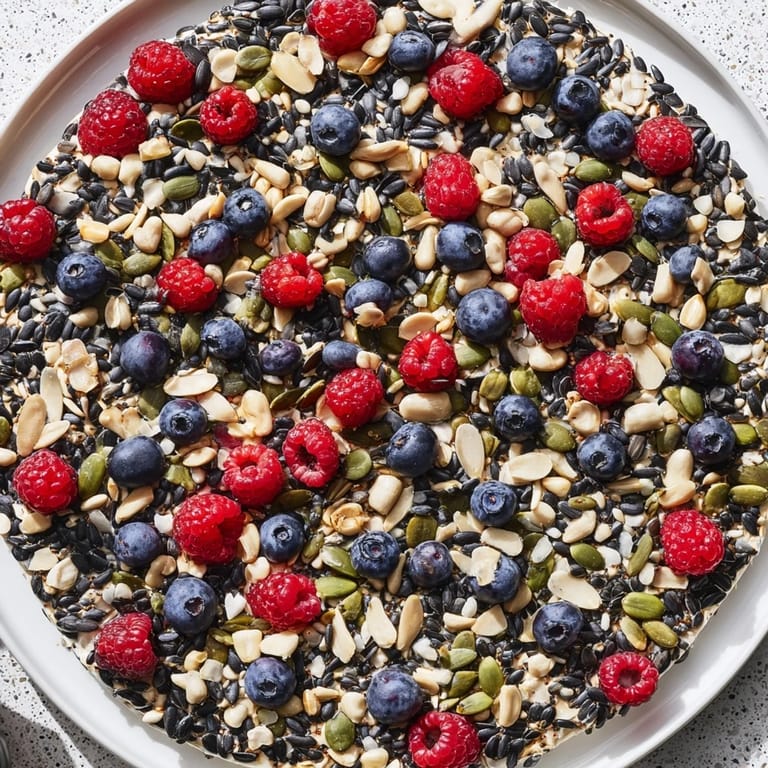 Fresh raspberries and blueberries enhance this Singing Bird Seed & Berry Platter appealing to colorful garden birds.