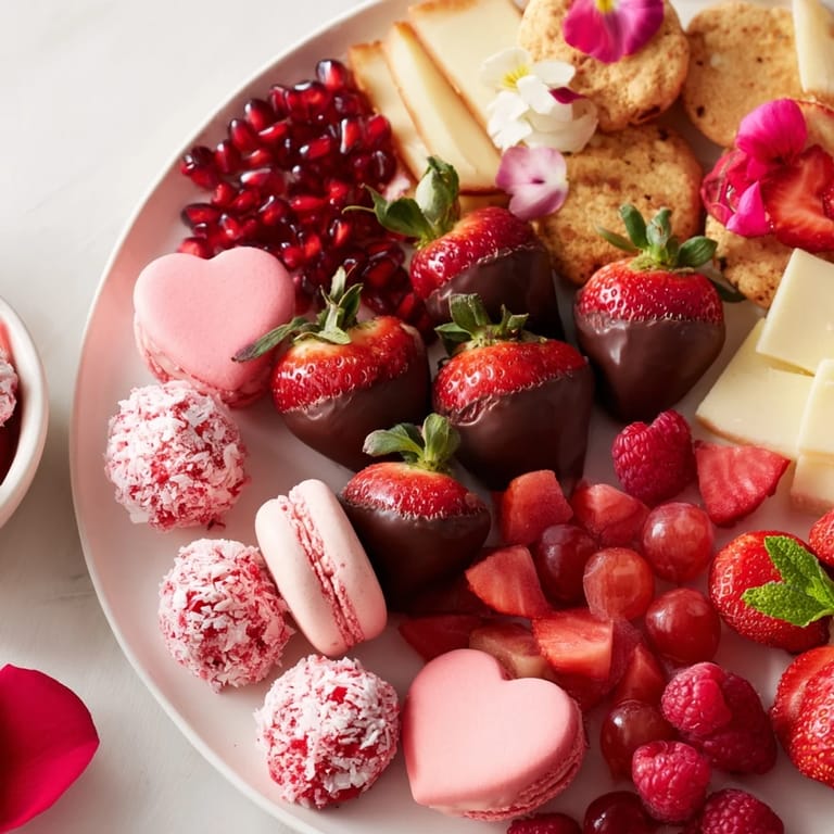 Beautifully arranged Sweetheart Valentine's Day Board features fresh fruits, macarons, and sweet treats.