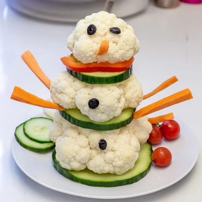 Vibrant snowman Crudités, featuring cauliflower and bell peppers, is perfect for a fun kids party snack.