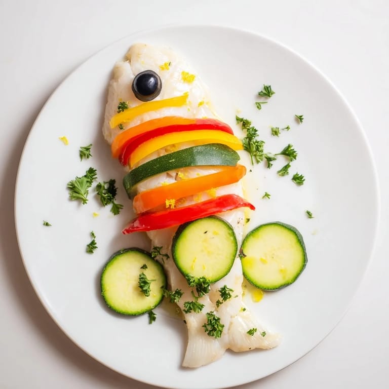 Tender white fish fillet transformed into a fun Light Fish-Shaped Meal, garnished with fresh parsley and vegetables.