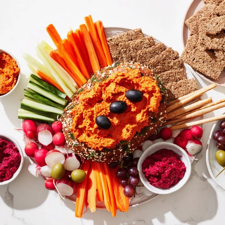 Delicious Autumn Hedgehog Dip Platter, a festive appetizer loaded with fresh vegetables and flavorful dips.