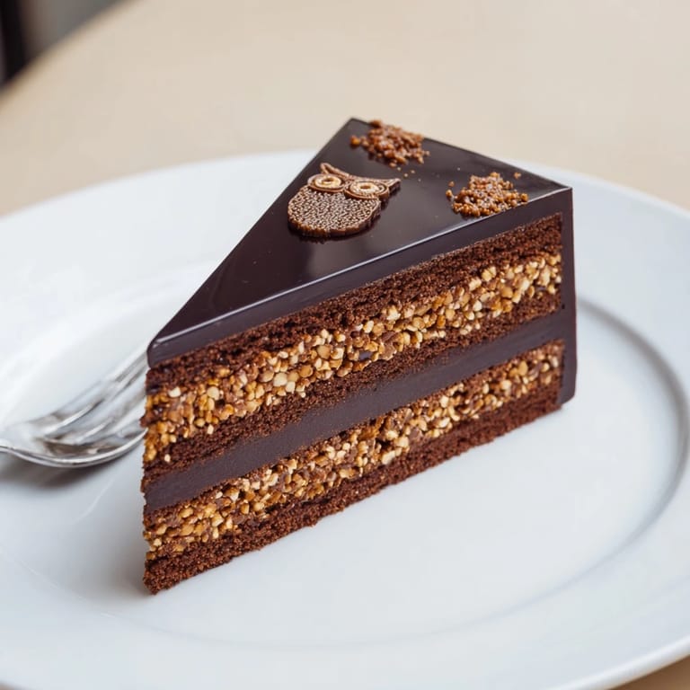 A close-up view of the finished Plaisirs Sucrés Hibou de la Nuit, complete with chocolate owl decorations.