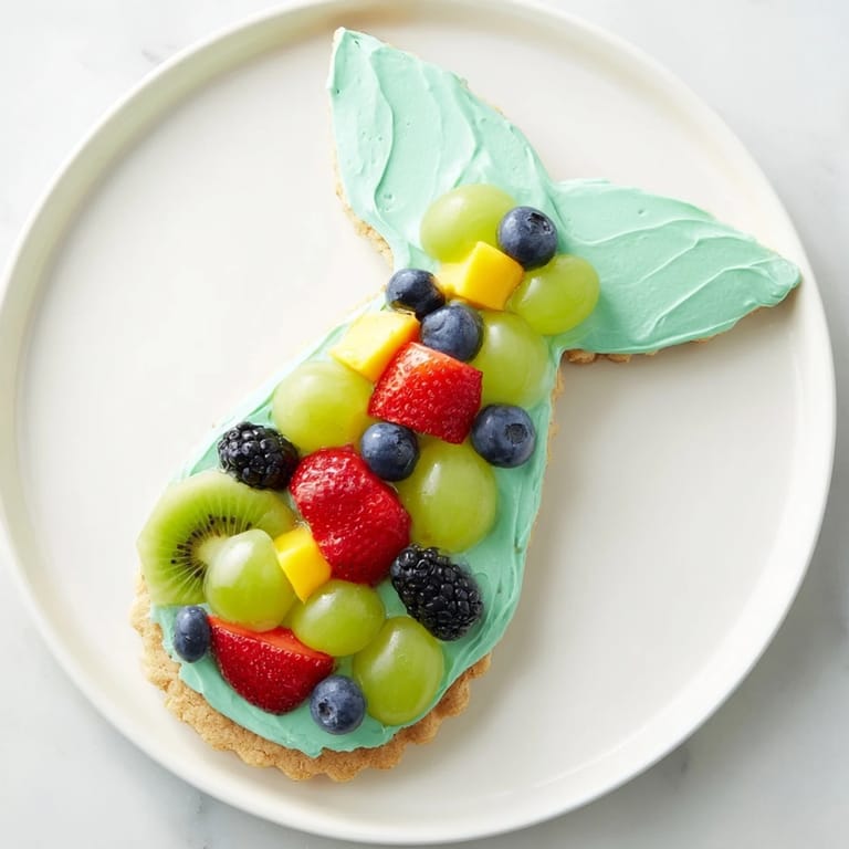 A creamy frosting base holds the festive fruit arranged on this Mermaid Tail Fruit Pizza dessert.
