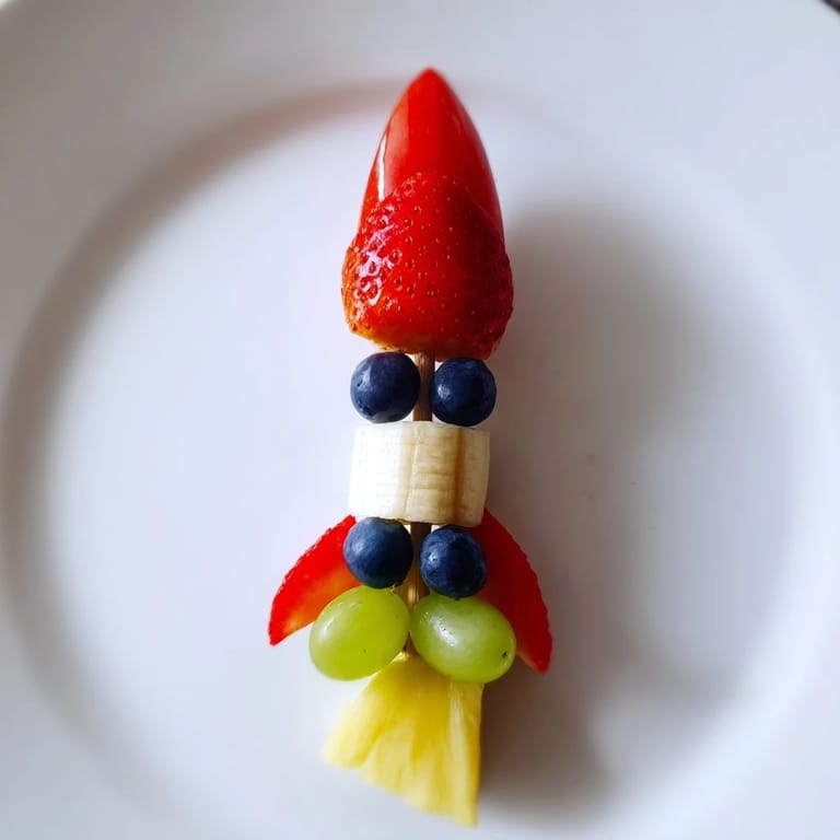Fresh Rocket Ship Fruit Skewers: a healthy kid’s treat with a strawberry rocket tip and fun arrangement.