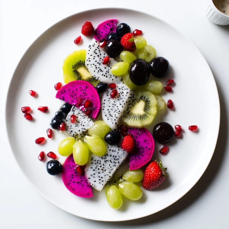 A beautiful Dragon Scales Fruit and Dip Board shows an array of colorful, sliced fruits and creamy dips.