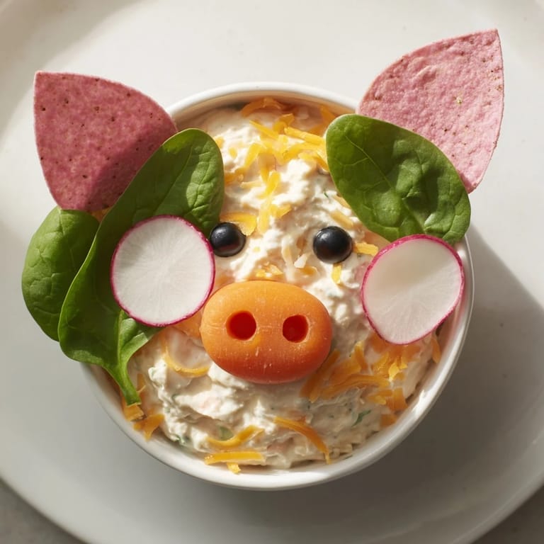 Fresh veggies and pretzel sticks accompany this fun Piggy Face Dip, a festive snack.
