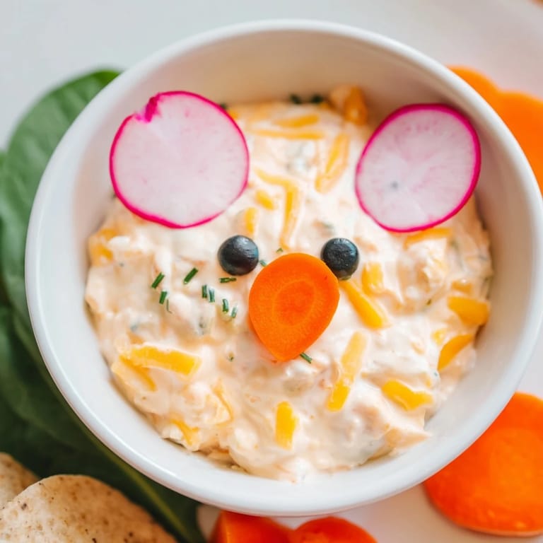 Whimsical Piggy Face Dip, a creamy appetizer with black olive eyes and carrot nose.