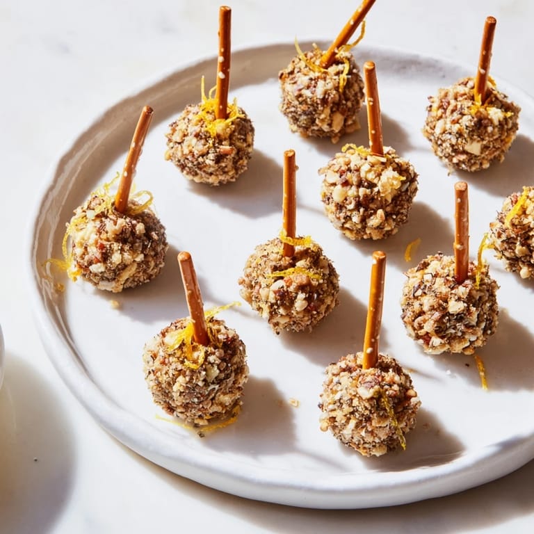 Close-up of creamy Champagne Cork Cheese Balls, coated in herbs and nuts, ready for a bite.