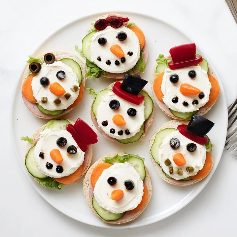 Creamy cream cheese fills these snowman mini bagel sandwiches, a fun lunch idea for kids.