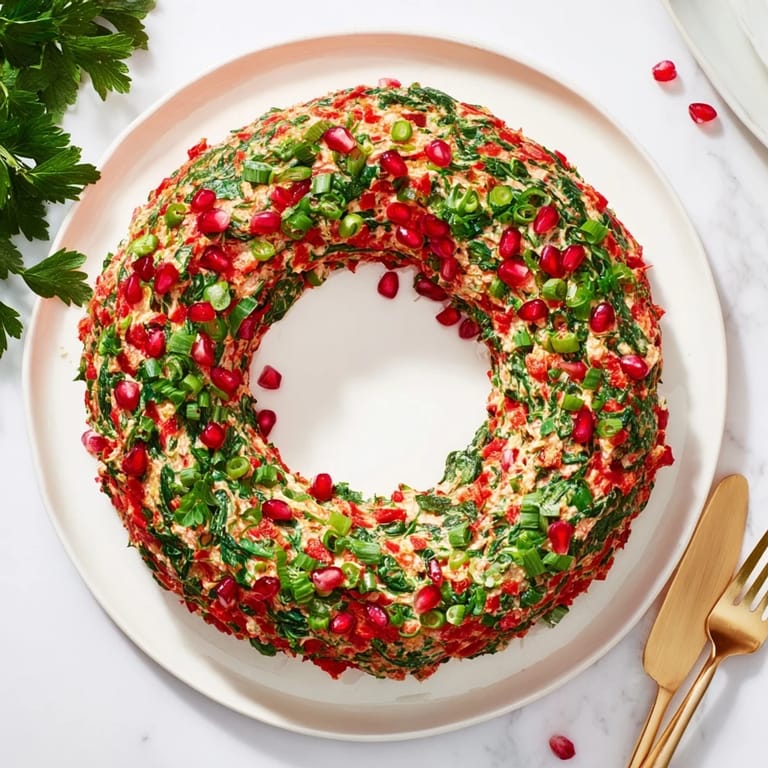 A festive Red Pepper and Spinach Dip Wreath, shaped beautifully for the holidays, with visible spinach flecks.