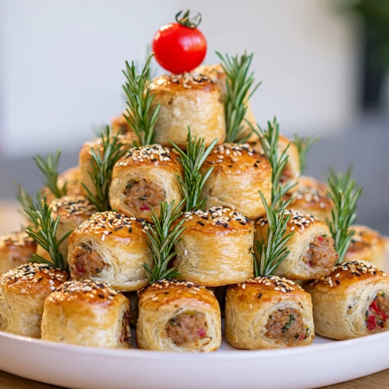 Enjoying a close-up of beautifully baked mini sausage rolls arranged as a Christmas tree.