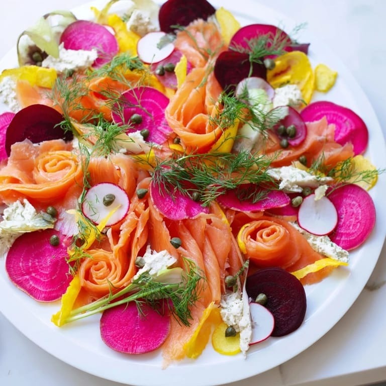 A close-up shot of a gorgeous Winter Harvest Smoked Salmon Board, brimming with textures and flavors.
