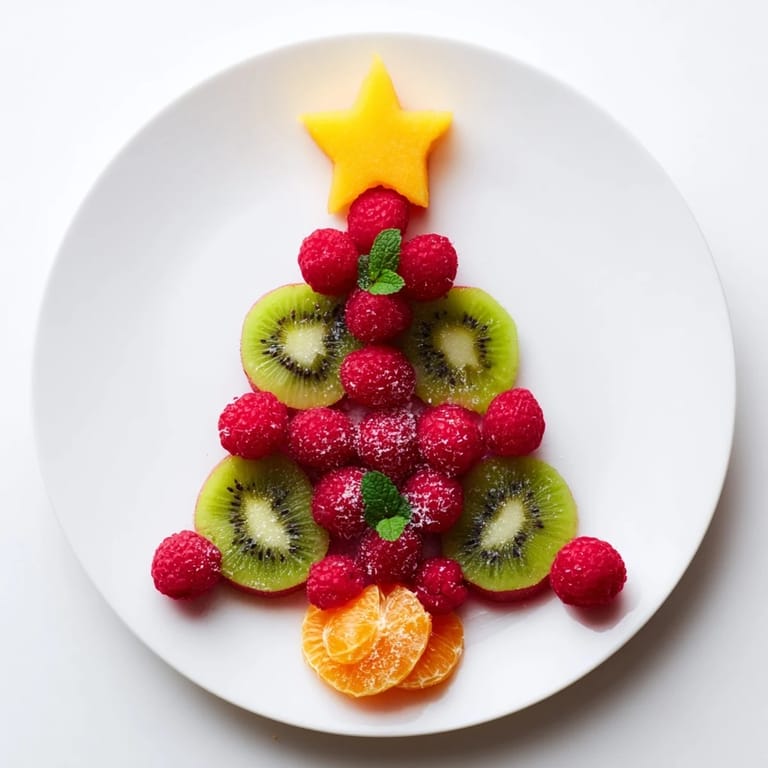 This easy-to-make kiwi and raspberry Christmas tree fruit plate boasts bright red raspberries and green kiwi slices.