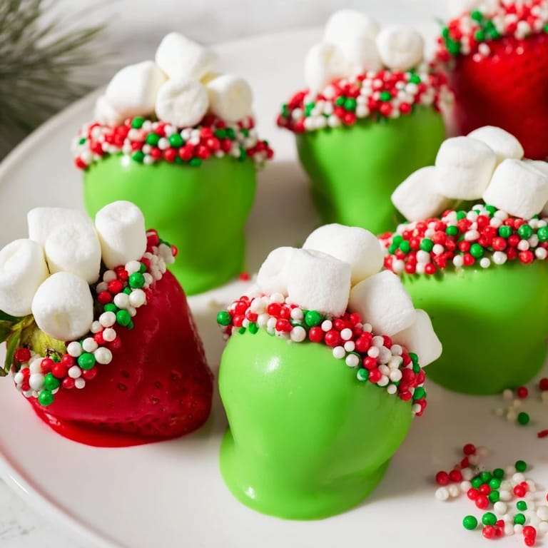 Vivid image of fresh, jewel-toned strawberries, dipped in green and white chocolate; delicious Elf Hat creations, party-ready.