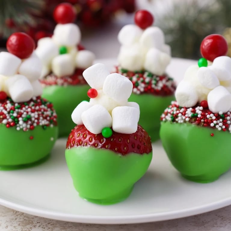 Close-up of wonderfully decorated Elf Hat Chocolate Dipped Strawberries; a delightful dessert, perfect for gifting and enjoyment.